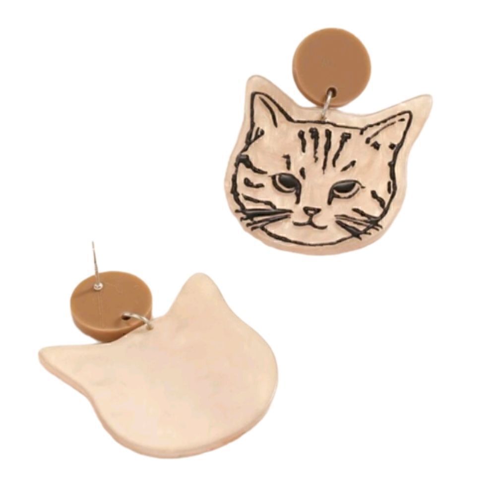 Kitty Cat Face Design Acrylic Dangling Drop Post Earrings - Picture 3 of 6